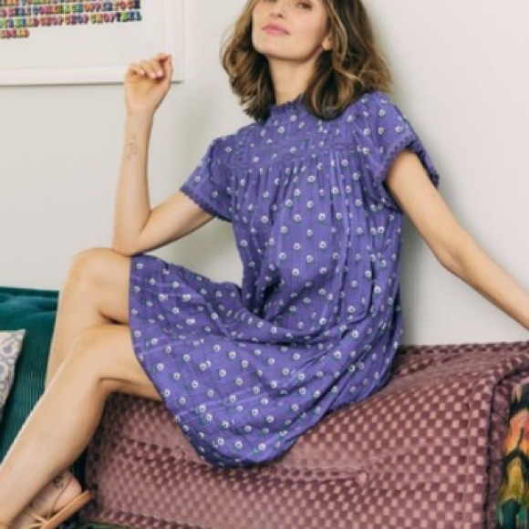 OPHELIA & INDIGO Women's Rosie Sleeve Edges Dress Blue Cotton Medium M - Picture 1 of 7